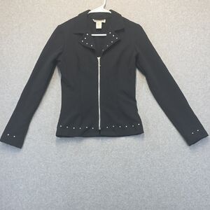 Indications Black Studded Zip Front Jacket Blazer Stretch Size 3